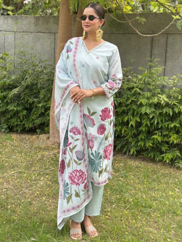 VP 9818 SKY Pastel Lotus Bloom Silk Blend Digital Print Kurta Set